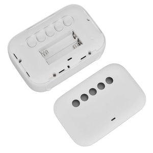 Mini Digital Alarm Clock with a white ABS body, shown opened with its battery compartment and removable cover