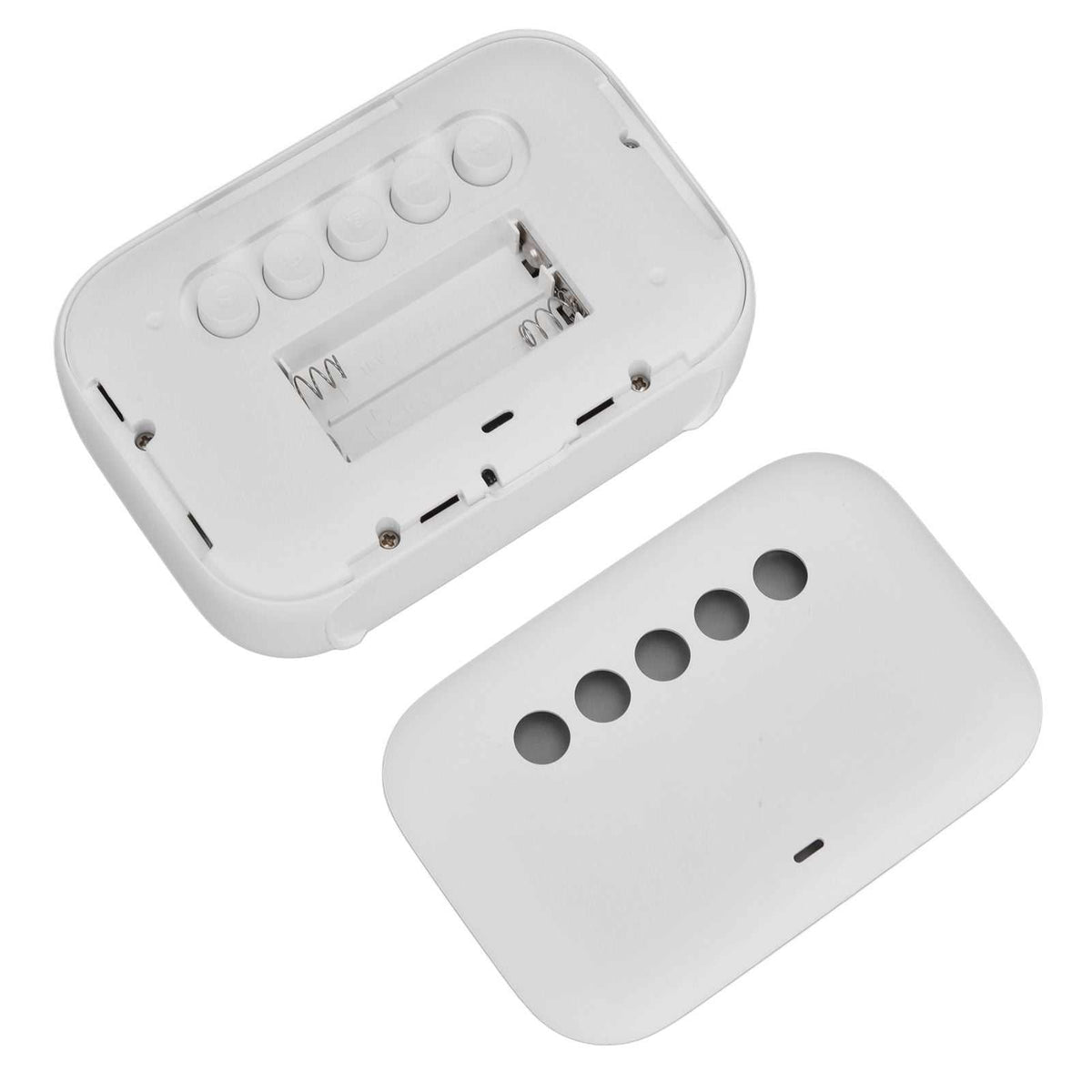 Mini Digital Alarm Clock with a white ABS body, shown opened with its battery compartment and removable cover