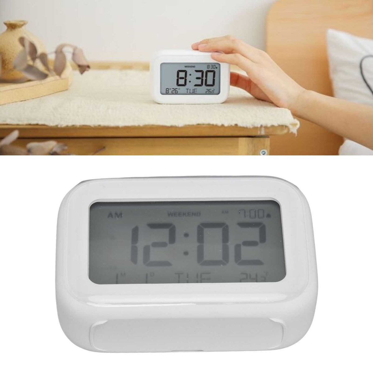Mini Digital Alarm Clock in smooth white plastic with a wide grey LCD screen, bold digits and weekend indicator
