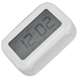 Mini Digital Alarm Clock with a white plastic case and large grey LCD display showing the time, date and alarm indicators