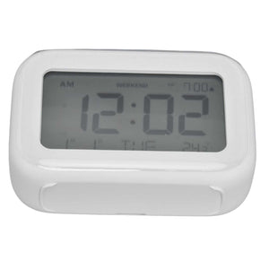 Mini Digital Alarm Clock in white plastic with a large grey LCD display showing the time and weekday indicators
