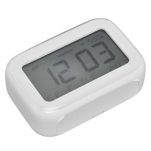 Mini Digital Alarm Clock in white plastic with a grey LCD screen, large digital time display and compact rounded body