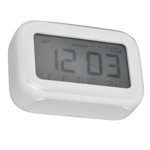 Mini Digital Alarm Clock with a white plastic case and a wide grey LCD display showing large digital time digits