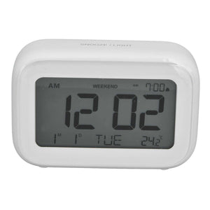 Mini Digital Alarm Clock in white plastic with a large grey LCD showing 12:02, weekday and temperature
