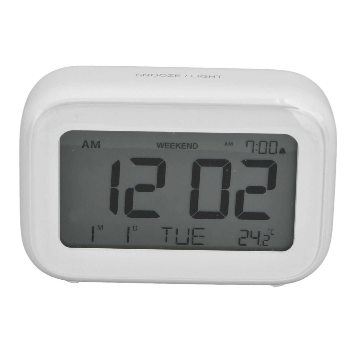 Mini Digital Alarm Clock in white plastic with a large grey LCD showing 12:02, weekday and temperature