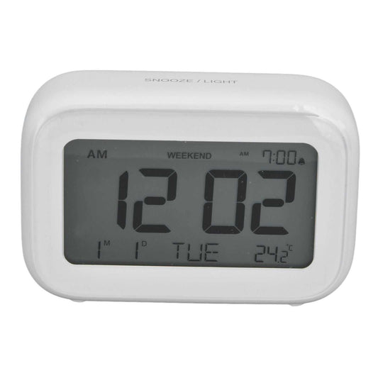 Mini Digital Alarm Clock in white plastic with a large grey LCD showing 12:02, weekday and temperature