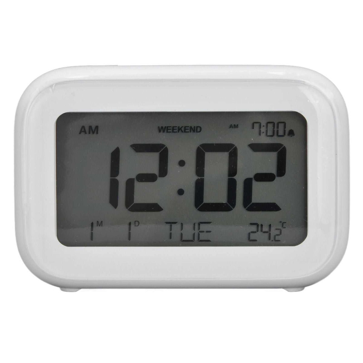 Mini Digital Alarm Clock in a white plastic case with a large grey LCD display showing time, date and temperature
