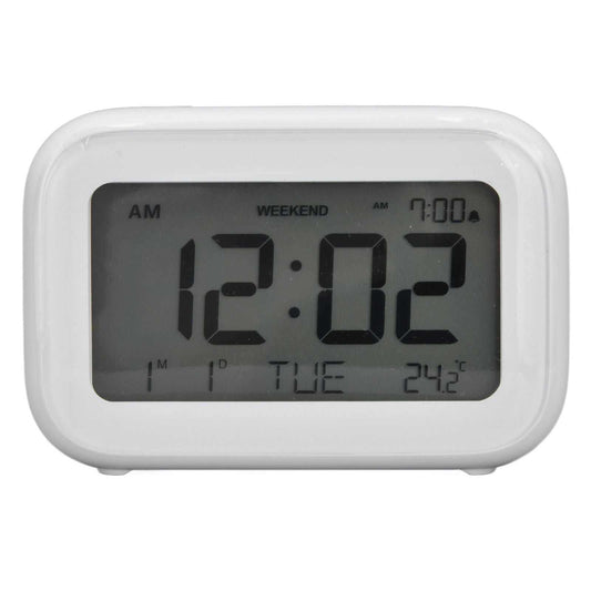Mini Digital Alarm Clock in a white plastic case with a large grey LCD display showing time, date and temperature