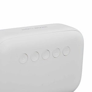 Mini Digital Alarm Clock in white with a smooth rectangular ABS casing and five subtle circular buttons across the front