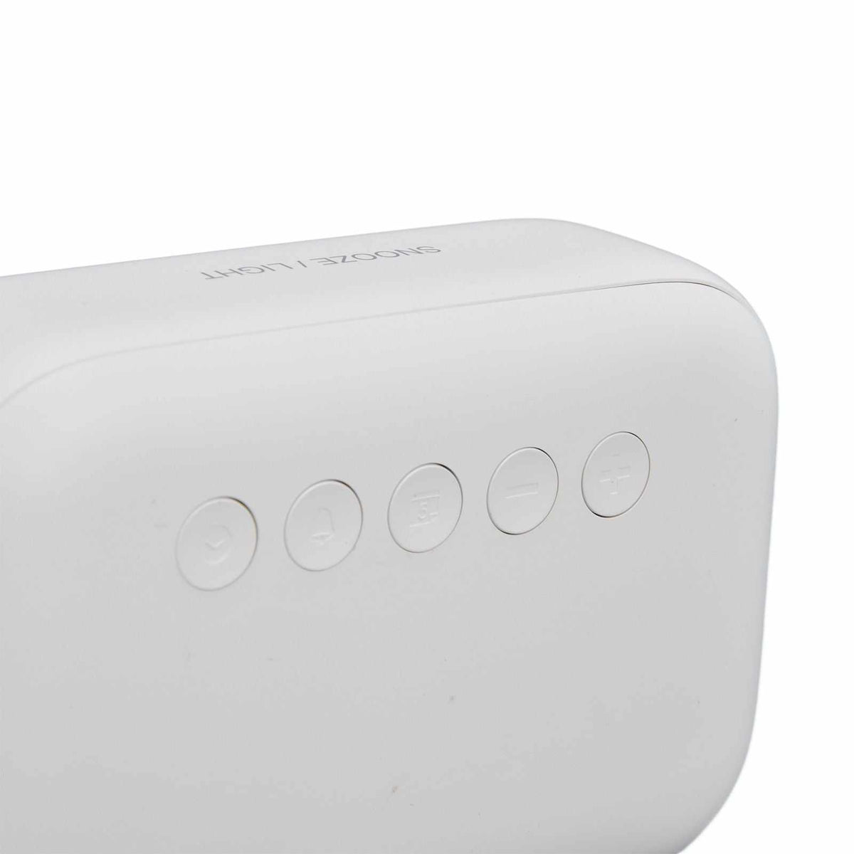 Mini Digital Alarm Clock in white with a smooth rectangular ABS casing and five subtle circular buttons across the front