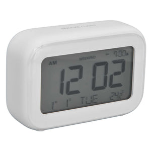 Mini Digital Alarm Clock with a white rounded ABS casing and large grey LCD showing time, date, day and temperature
