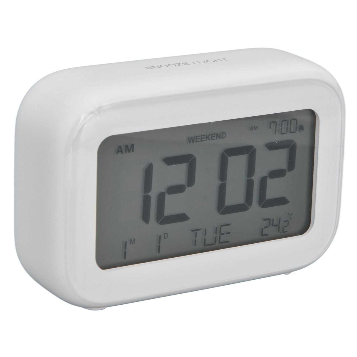 Mini Digital Alarm Clock with a white rounded ABS casing and large grey LCD showing time, date, day and temperature
