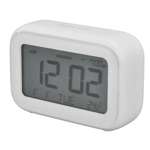 Mini Digital Alarm Clock with a white rounded plastic casing and large grey LCD showing time, weekday and temperature.