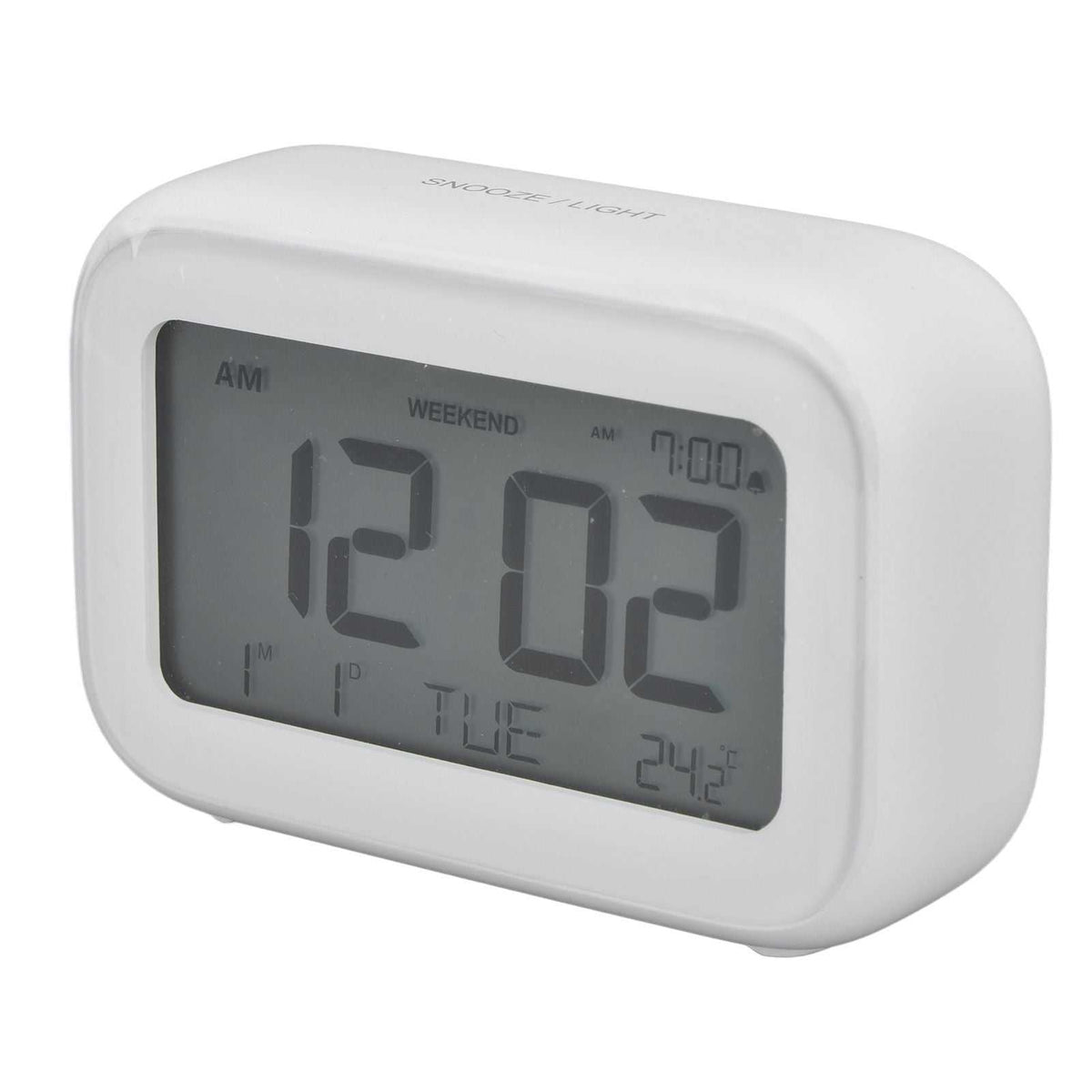 Mini Digital Alarm Clock with a white rounded plastic casing and large grey LCD showing time, weekday and temperature.
