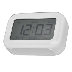 Mini Digital Alarm Clock with a white rounded plastic case and a large grey LCD screen displaying digital time