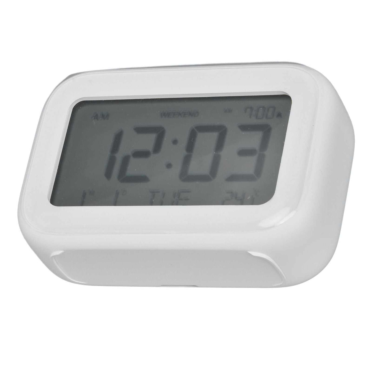 Mini Digital Alarm Clock with a white rounded plastic case and a large grey LCD screen displaying digital time