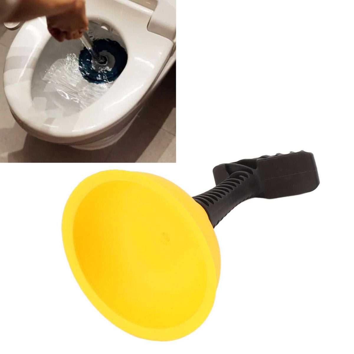 Mini Plunger Powerful with a bright yellow silicone cup and black ribbed non-slip handle, shown unclogging a toilet