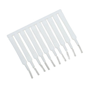 Mini Shower Head Cleaning Brush set of ten white slim tools with ribbed plastic handles and fine metal wire bristles