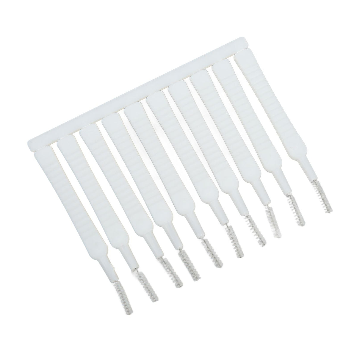 Mini Shower Head Cleaning Brush set of ten white slim tools with ribbed plastic handles and fine metal wire bristles