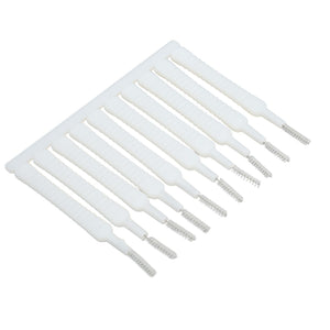 Mini Shower Head Cleaning Brush set of white slim plastic handles with fine nylon bristles and metal wire tips