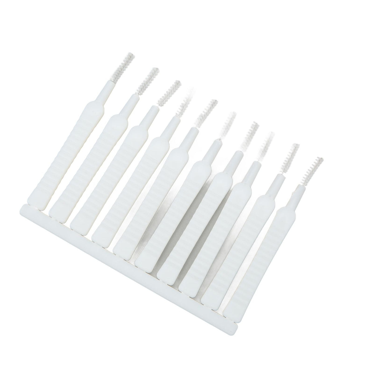 Mini Shower Head Cleaning Brush set in white plastic with slim nylon bristles and textured handles, arranged in a row.