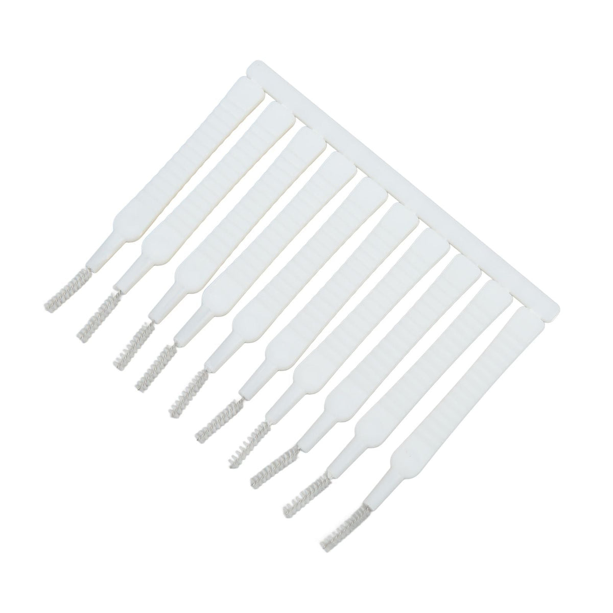 Mini Shower Head Cleaning Brush set of ten white plastic tools with slim gray nylon bristles and ridged handles