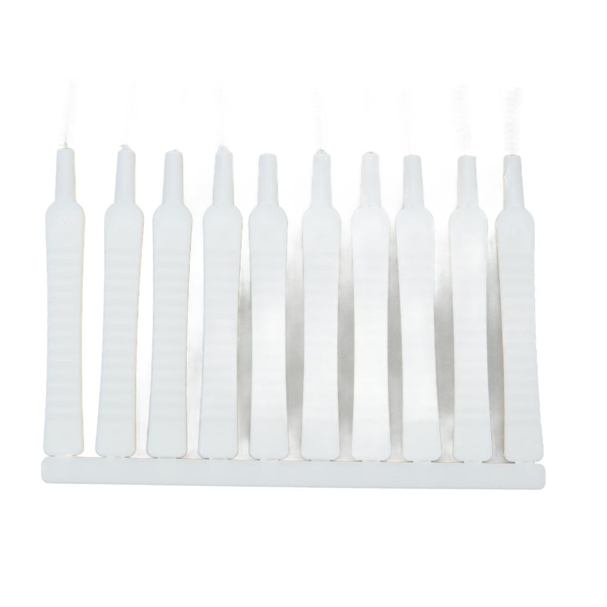 Mini Shower Head Cleaning Brush set of ten slim white brushes with fine nylon bristles and ribbed handles