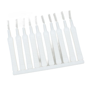 Mini Shower Head Cleaning Brush set of white slim plastic handles with narrow grey nylon bristles, joined in a row