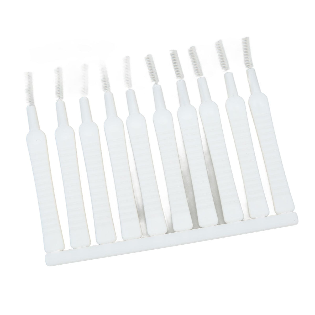 Mini Shower Head Cleaning Brush set of white slim plastic handles with narrow grey nylon bristles, joined in a row
