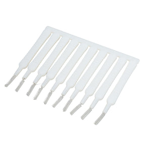 Mini Shower Head Cleaning Brush set with ten slim white plastic handles and small grey nylon bristle tips