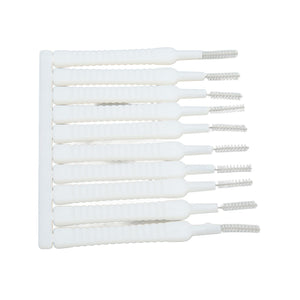 Mini Shower Head Cleaning Brush set in white, with slim ribbed handles and small nylon bristle tips, shown as ten attached brushes.