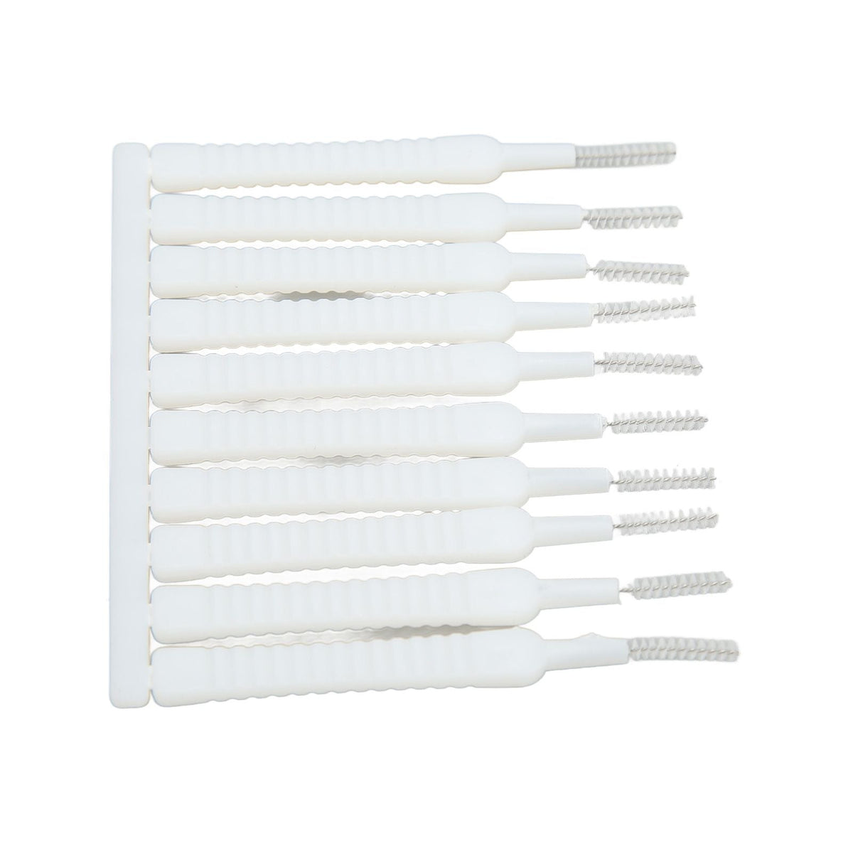 Mini Shower Head Cleaning Brush set in white, with slim ribbed handles and small nylon bristle tips, shown as ten attached brushes.