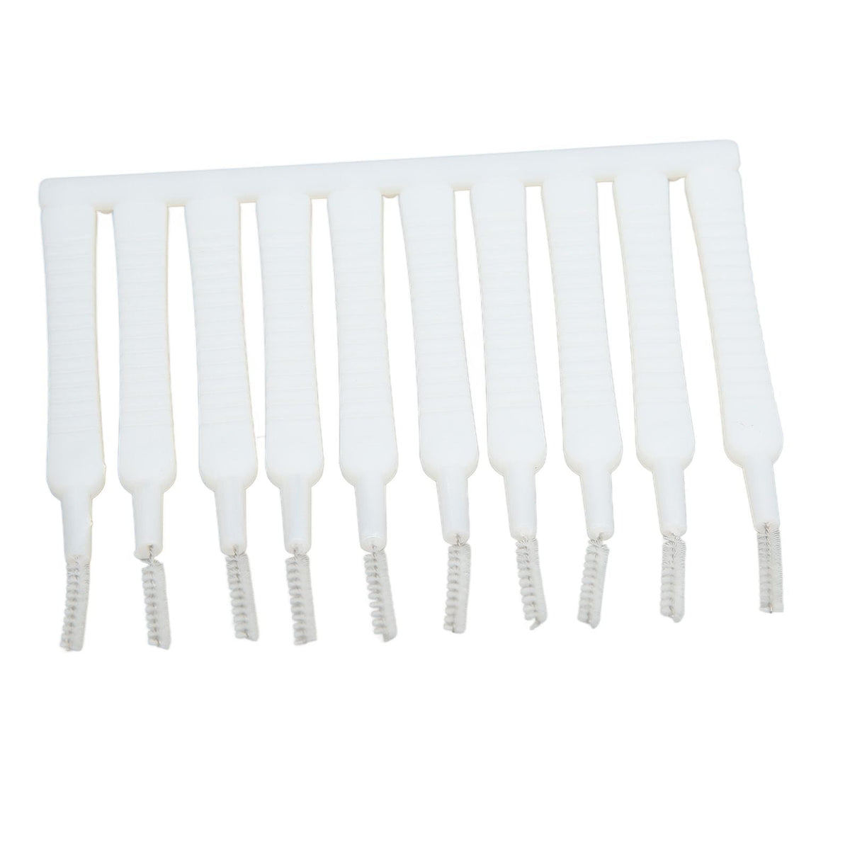 Mini Shower Head Cleaning Brush set with ten slim white plastic handles and narrow textured bristle tips