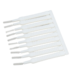 Mini Shower Head Cleaning Brush set with white ribbed plastic handles and slim grey bristles in a row