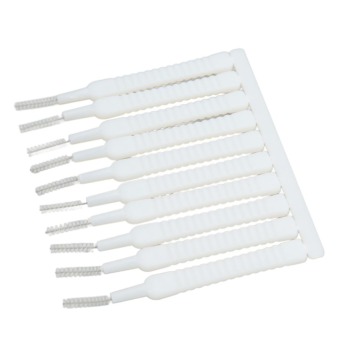 Mini Shower Head Cleaning Brush set with white ribbed plastic handles and slim grey bristles in a row