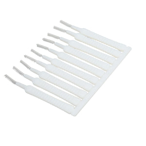 Mini Shower Head Cleaning Brush set with ten white slim ribbed handles and narrow nylon bristle tips