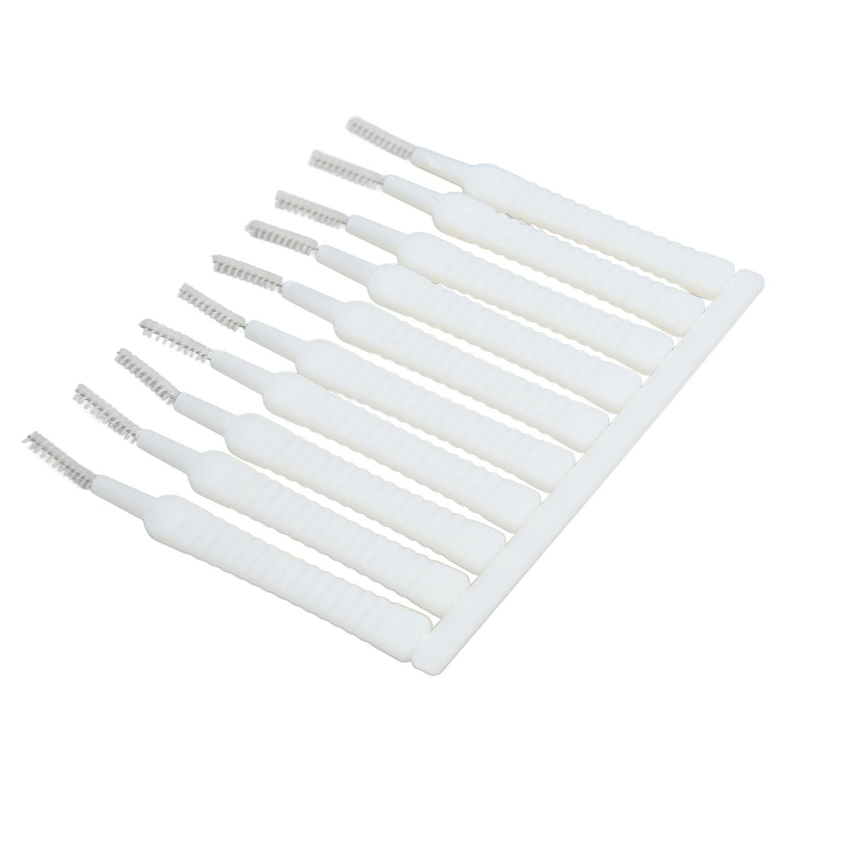 Mini Shower Head Cleaning Brush set with ten white slim ribbed handles and narrow nylon bristle tips
