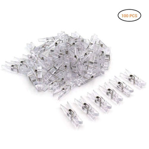 Mini Transparent Plastic clips in clear plastic with small metal springs, shown in a loose pile with 100 pieces.
