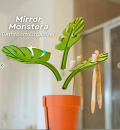 Monstera Half-Leaf Bathroom Vanity Organiser – Mirror-Mount Vase with 3 Leaf Dividers, Pack of 2