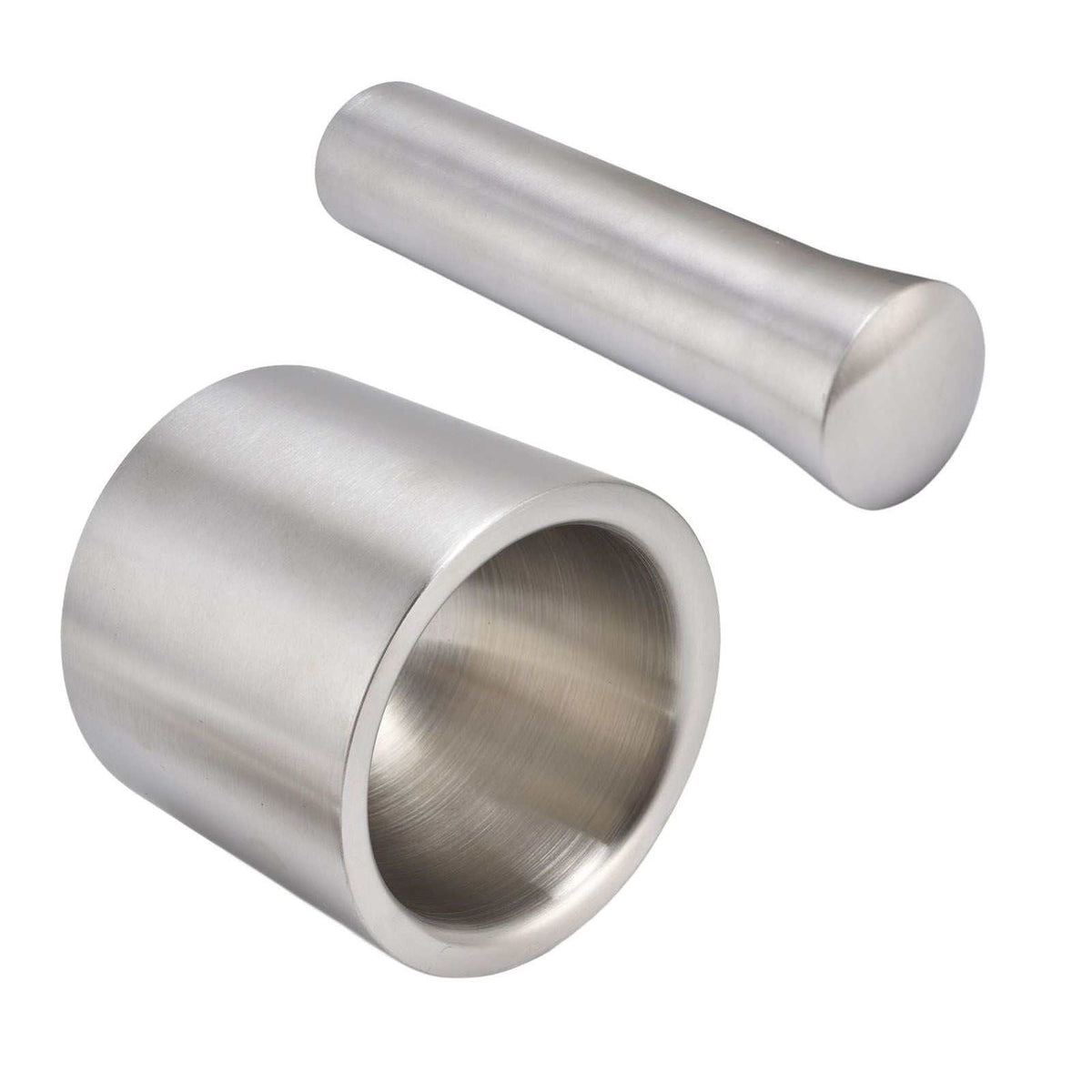 Mortar Pestle Dual Structure set in brushed silver stainless steel, featuring a deep cylindrical bowl and matching pestle