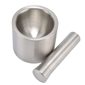 Mortar Pestle Dual Structure set in brushed silver stainless steel, with a deep cylindrical bowl and matching solid pestle