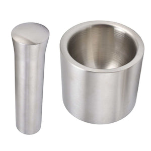 Mortar Pestle Dual Structure set in brushed silver stainless steel, with a deep cylindrical bowl and matching pestle