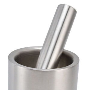 Mortar Pestle Dual Structure stainless steel set in silver, featuring a deep grinding bowl and matching cylindrical pestle