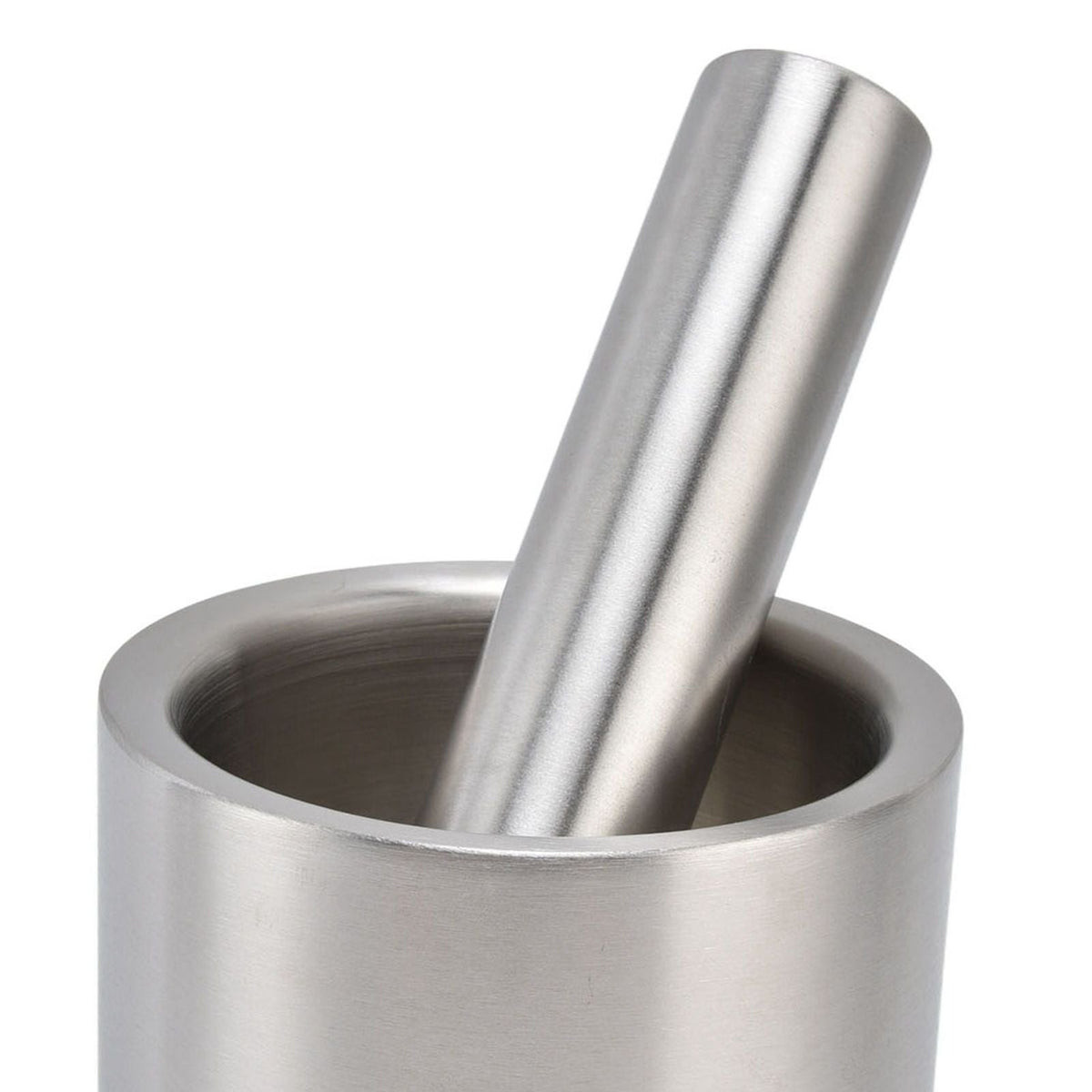 Mortar Pestle Dual Structure stainless steel set in silver, featuring a deep grinding bowl and matching cylindrical pestle