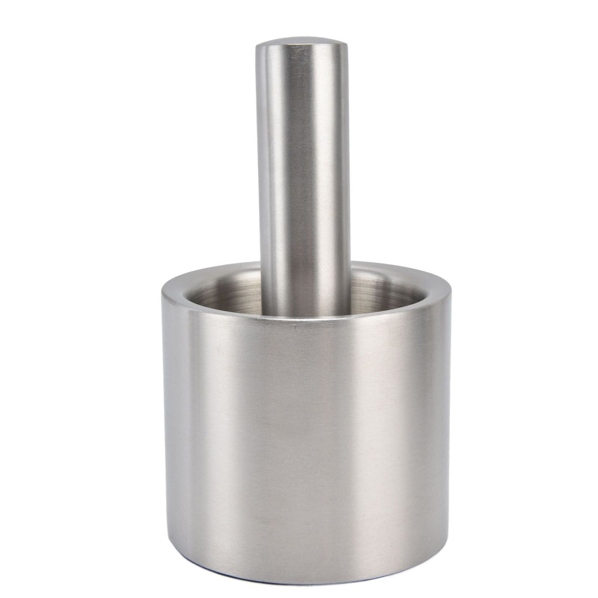 Mortar and pestle set in brushed silver stainless steel, with a deep cylindrical bowl and matching upright pestle; Mortar Pestle Dual Structure
