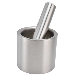 Mortar and pestle set in silver stainless steel, with a cylindrical bowl and matching pestle; Mortar Pestle Dual Structure