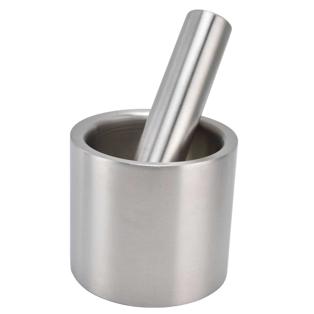 Mortar and pestle set in silver stainless steel, with a cylindrical bowl and matching pestle; Mortar Pestle Dual Structure