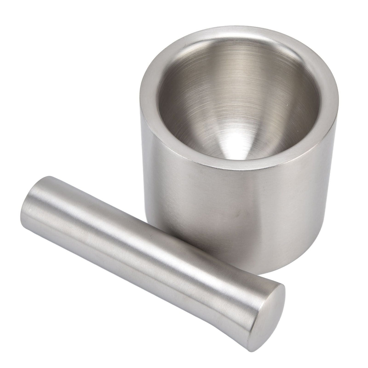 Mortar Pestle Dual Structure set in brushed silver stainless steel, with a deep cylindrical bowl and matching pestle