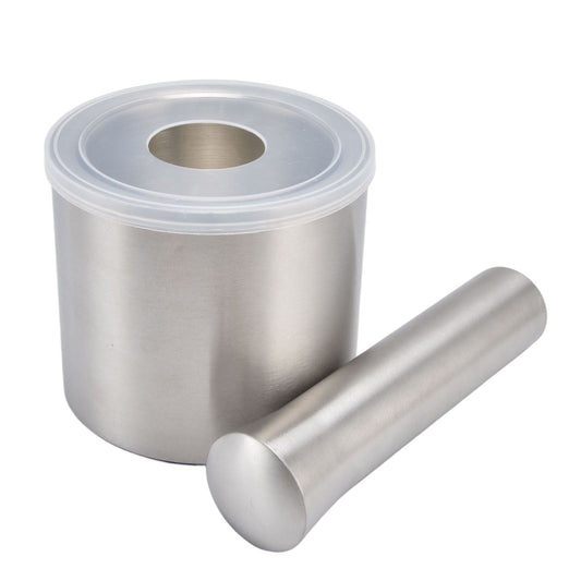 Mortar Pestle Dual Structure set in brushed silver stainless steel, with cylindrical bowl, clear lid and matching pestle
