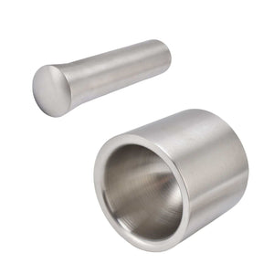 Mortar Pestle Dual Structure stainless steel set with a brushed silver finish, featuring a deep bowl and matching cylindrical pestle